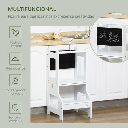 2-in-1 Learning Tower Children's Step Stool for 3+ Years Convertible into Desk with Chalkboard and Safety Rail 42x44x86 cm White
