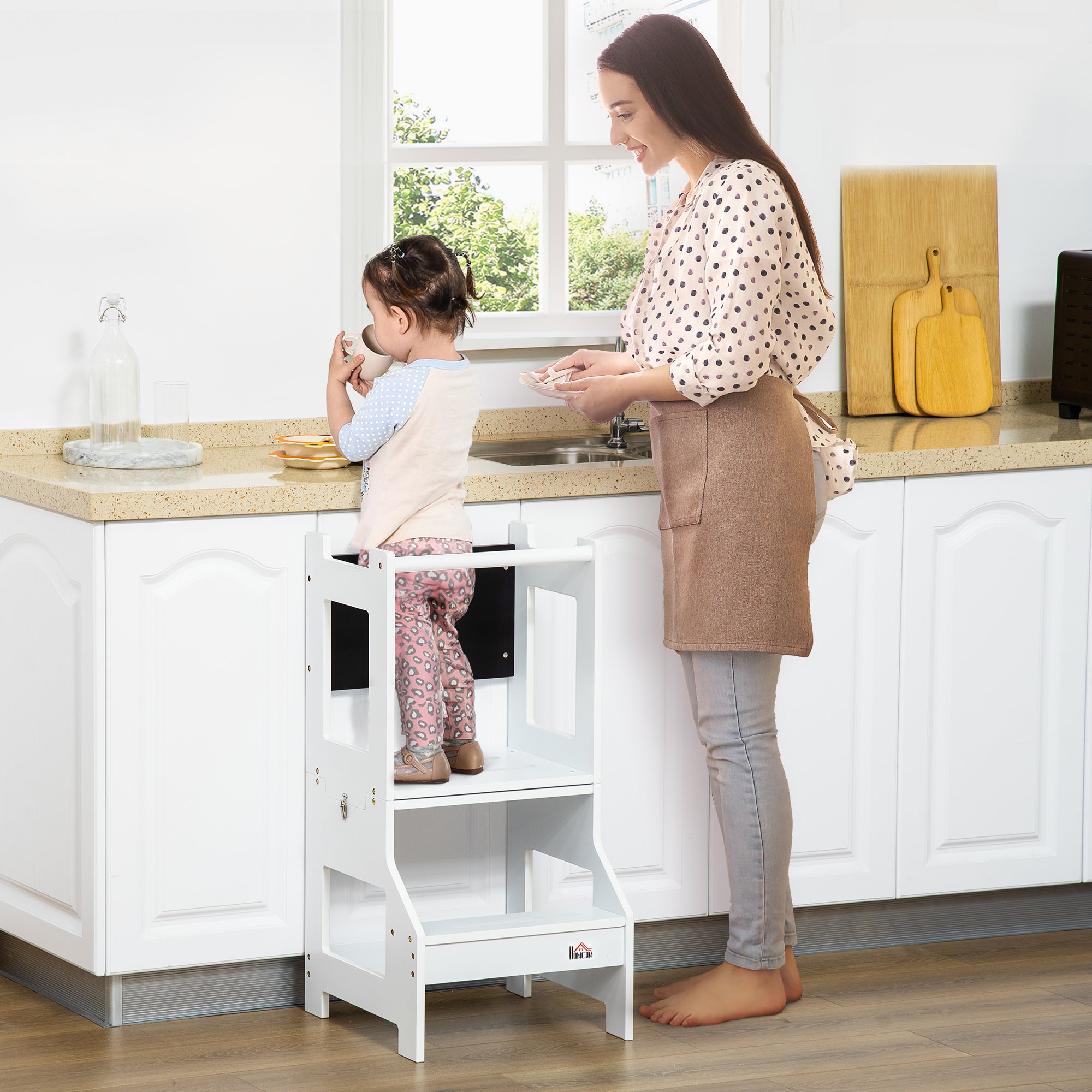 2-in-1 Learning Tower Children's Step Stool for 3+ Years Convertible into Desk with Chalkboard and Safety Rail 42x44x86 cm White