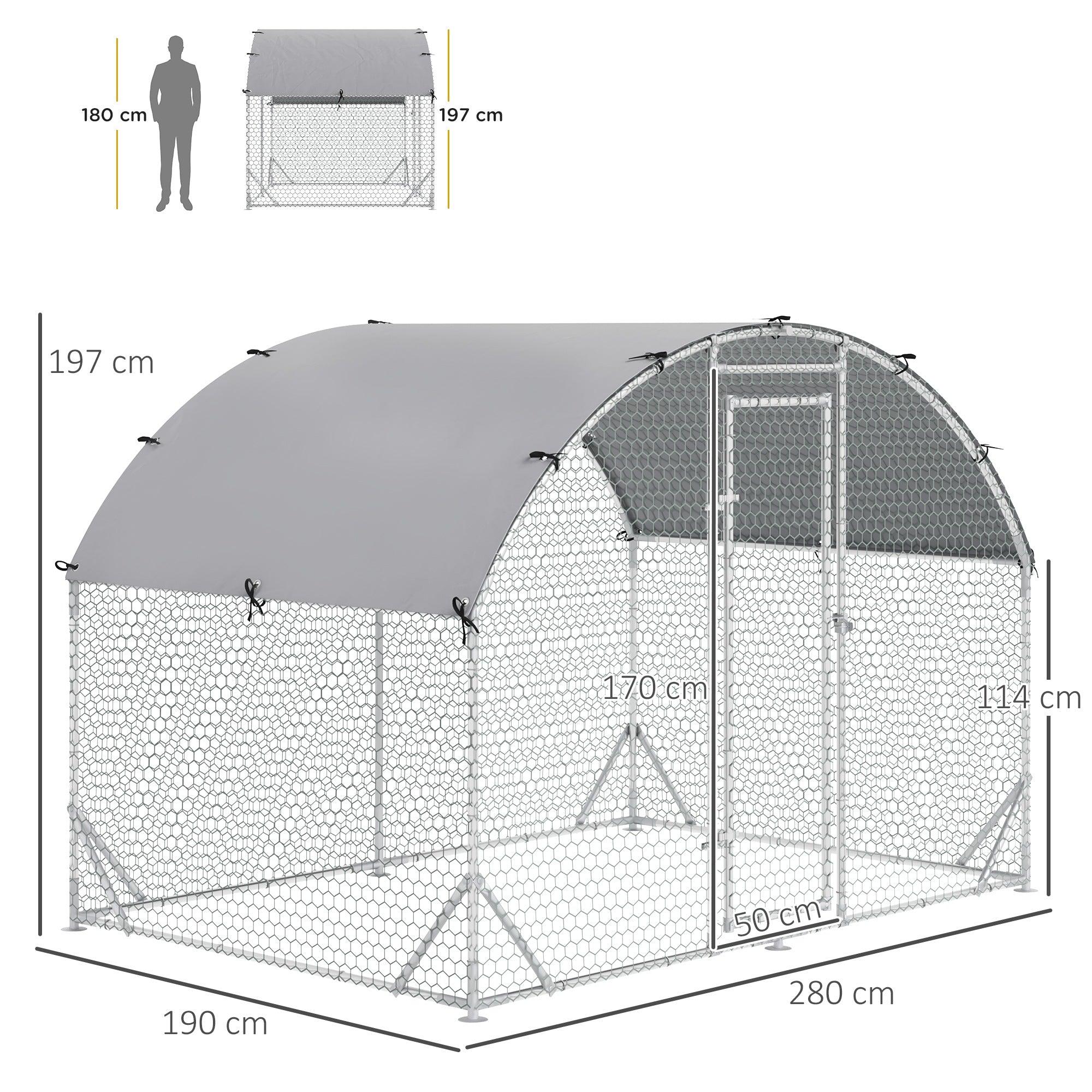 Chicken Coop Free-Range Enclosure made of steel, 280 x 190 x 197 cm Chicken Cage with UV-Resistant Cover, Door, Chicken Enclosure for 4-6 Chickens, Small Animals, Silver