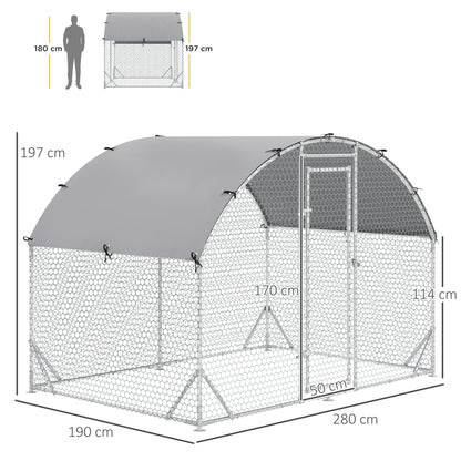 Chicken Coop Free-Range Enclosure made of steel, 280 x 190 x 197 cm Chicken Cage with UV-Resistant Cover, Door, Chicken Enclosure for 4-6 Chickens, Small Animals, Silver