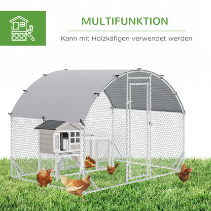 Chicken Coop Free-Range Enclosure made of steel, 280 x 190 x 197 cm Chicken Cage with UV-Resistant Cover, Door, Chicken Enclosure for 4-6 Chickens, Small Animals, Silver