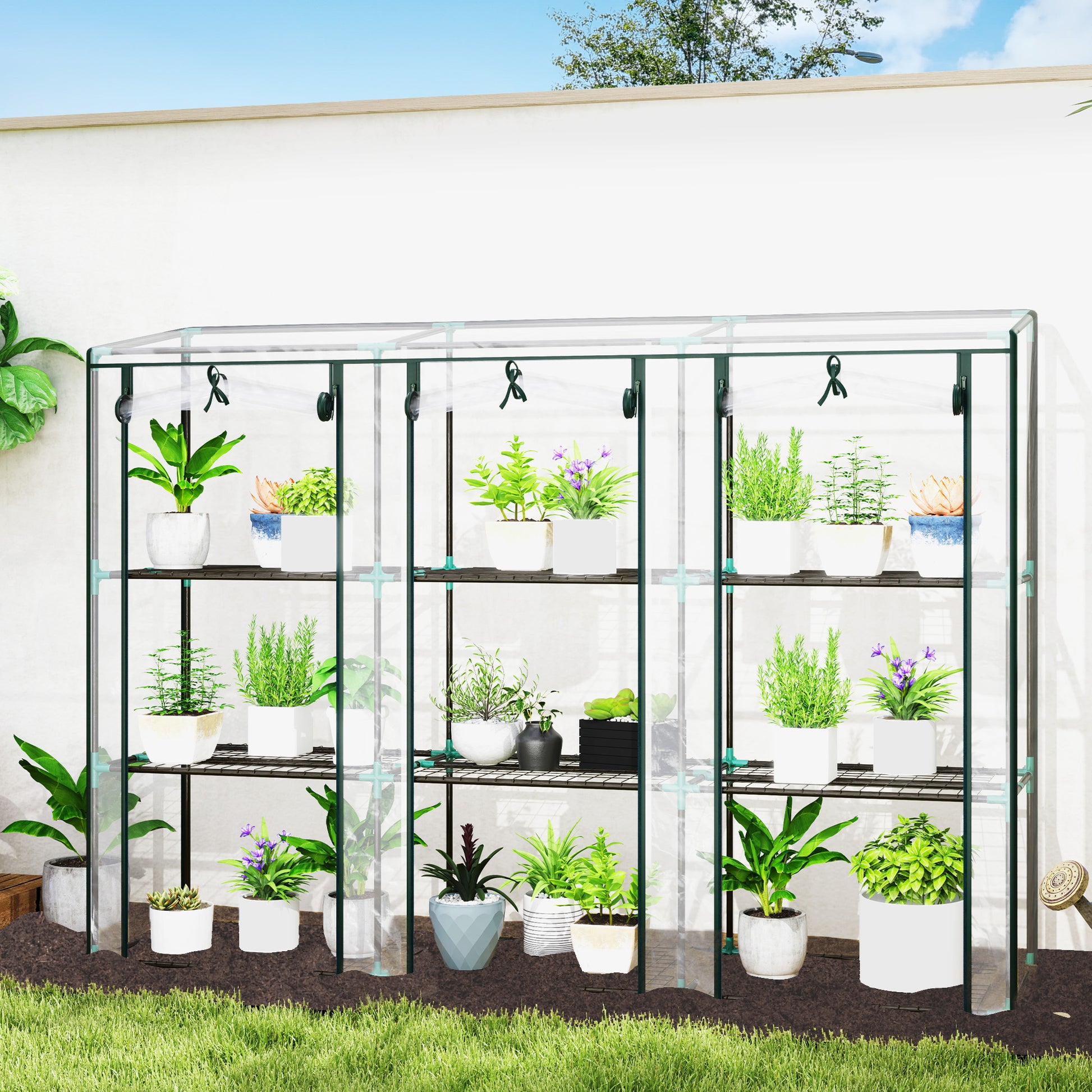 Small Greenhouse Outdoor Greenhouse with 3 Levels Shelves Roll-Up Zipper Doors and Steel Frame Greenhouse for Planting Plants Flowers 215x46x151 cm Transparent