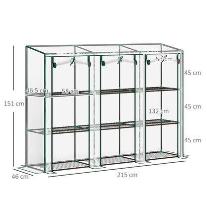 Small Greenhouse Outdoor Greenhouse with 3 Levels Shelves Roll-Up Zipper Doors and Steel Frame Greenhouse for Planting Plants Flowers 215x46x151 cm Transparent
