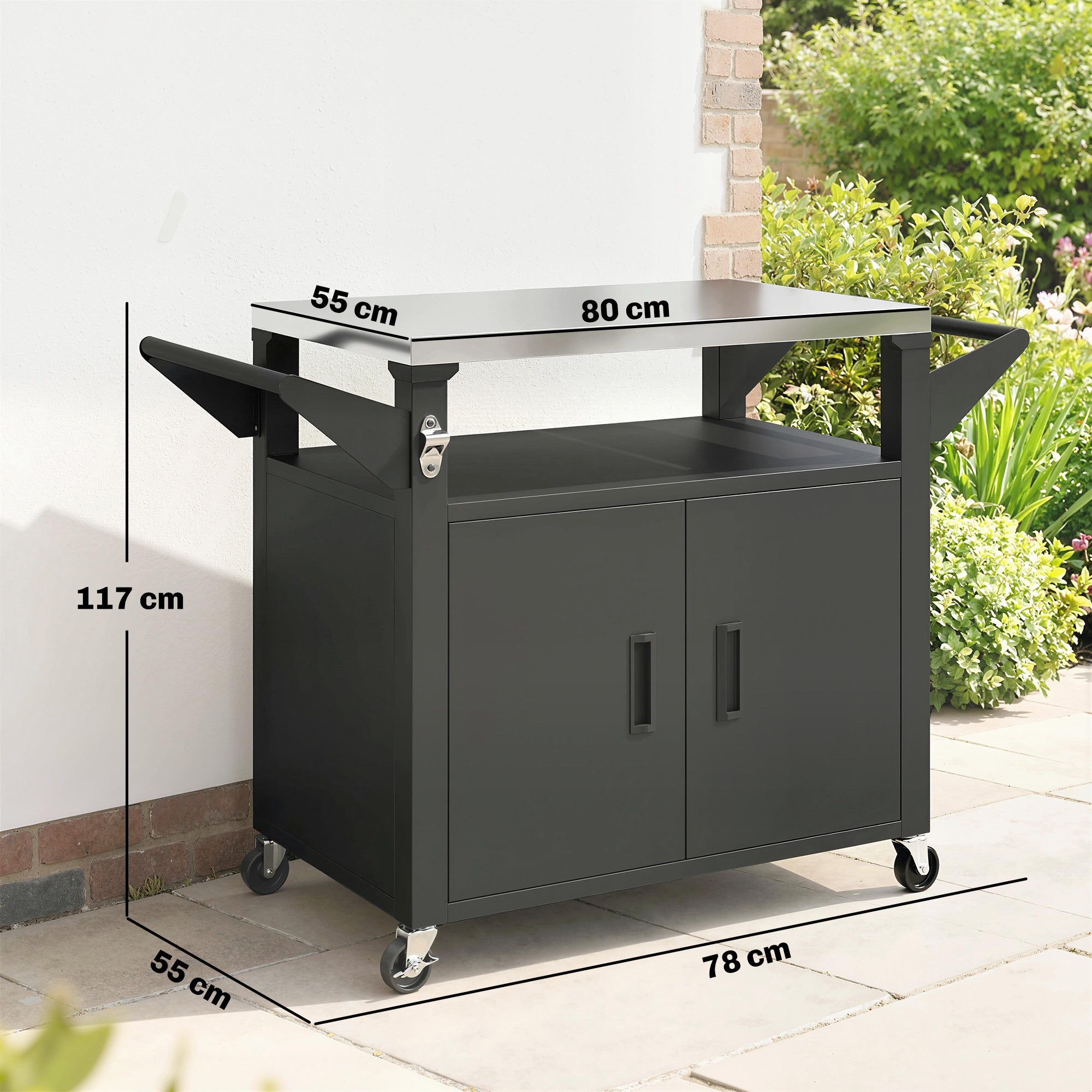 Kitchen Cart with Wheels, Serving Trolley with Cabinet, Handles, Kitchen Helper — BBQ Grill Table with Stainless Steel Top, 46.1 x 21.7 x 30.7 in, Black