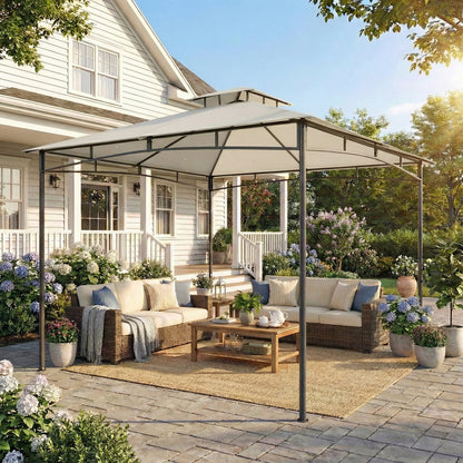 10 ft x 10 ft Waterproof Garden Gazebo — Double Roof, Retractable Top Frame, UPF 50+, Cream White