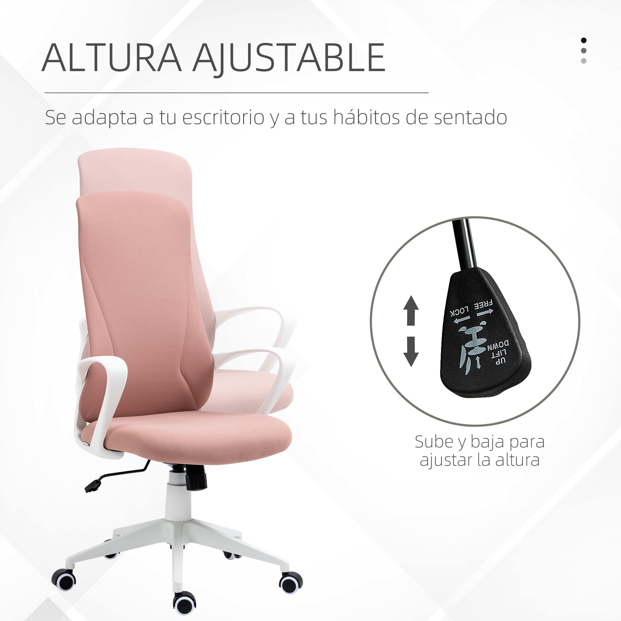 Swivel Office Chair Youth Desk Chair with Adjustable Height Rocking Function Armrests and High Backrest 62x56x110-119.5 cm Pink