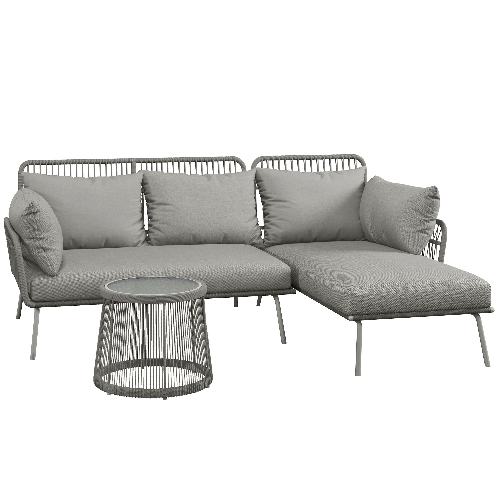 3 Piece Rattan Garden Furniture Set, Seating Group with Cushions, Patio Set with 1 Side Table, 1 Sun Lounger, 1 Double Sofa, Outdoor Furniture Set for Garden, Terrace, Steel, Light Grey