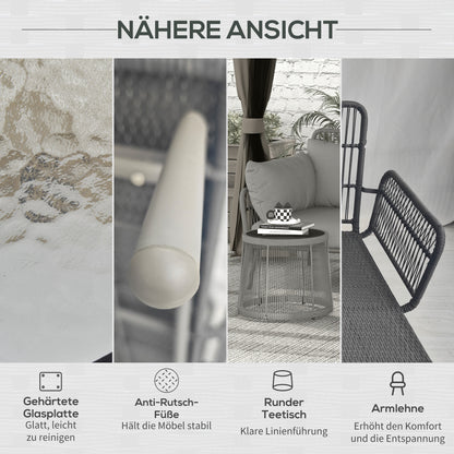 3 Piece Rattan Garden Furniture Set, Seating Group with Cushions, Patio Set with 1 Side Table, 1 Sun Lounger, 1 Double Sofa, Outdoor Furniture Set for Garden, Terrace, Steel, Light Grey