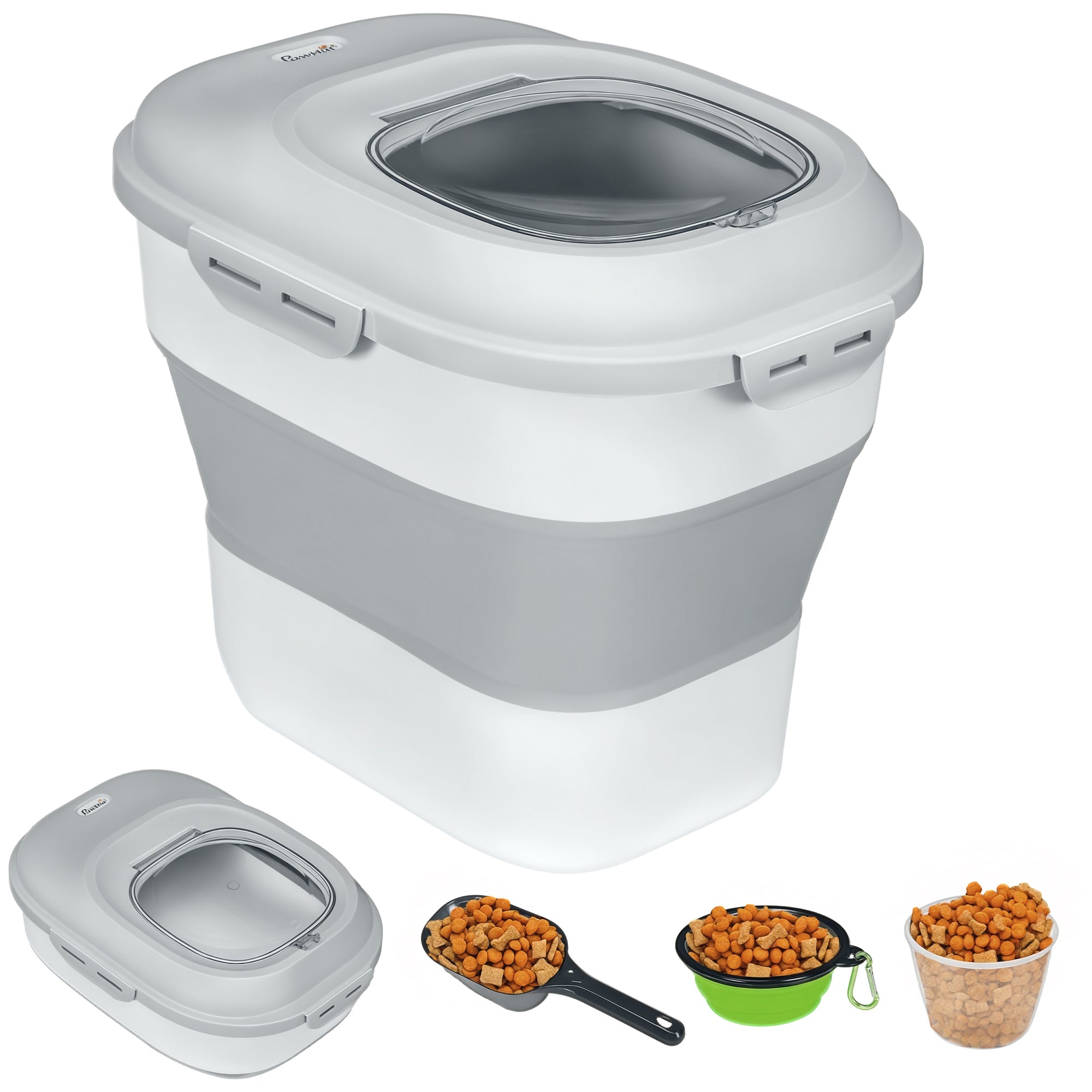 Dog Food Storage, 25 L Collapsible Food Container with Measuring Cup, Bowl, Spoon for Dogs, Cats Food Storage Box with Wheels, for Dry Food Gray