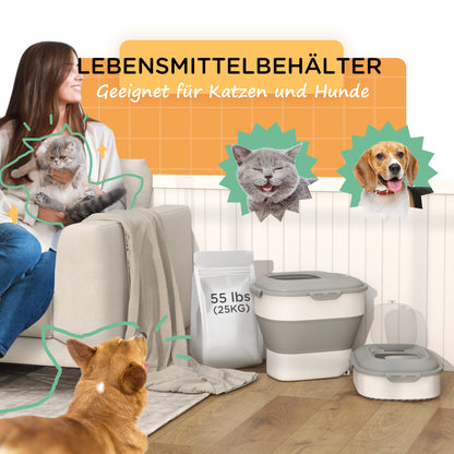 Dog Food Storage, 25 L Collapsible Food Container with Measuring Cup, Bowl, Spoon for Dogs, Cats Food Storage Box with Wheels, for Dry Food Gray