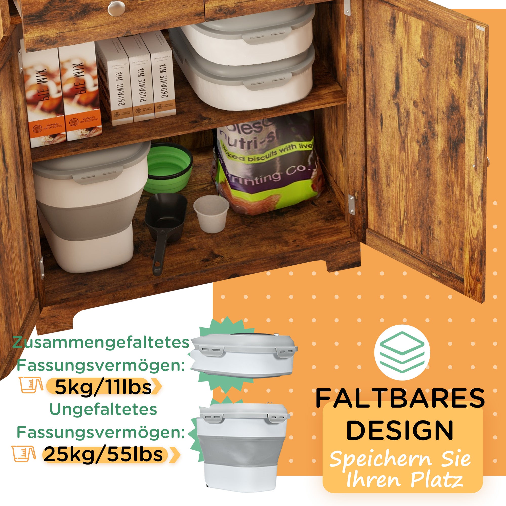Dog Food Storage, 25 L Collapsible Food Container with Measuring Cup, Bowl, Spoon for Dogs, Cats Food Storage Box with Wheels, for Dry Food Gray