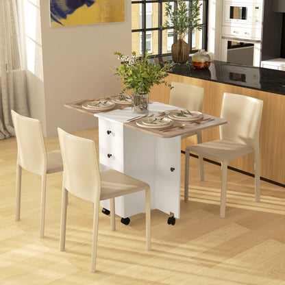 Folding Kitchen Table Folding Dining Table with 2 Folding Trays, 2 Drawers, 1 Cabinet, and 1 Storage Shelf 120 x 60 x 76.5 cm - White and Oak