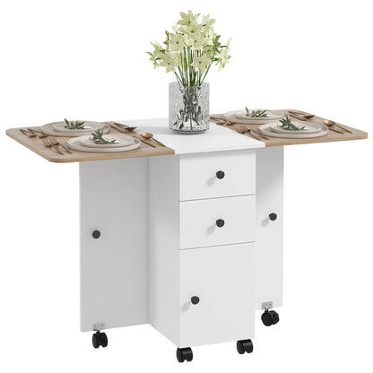 Folding Kitchen Table Folding Dining Table with 2 Folding Trays, 2 Drawers, 1 Cabinet, and 1 Storage Shelf 120 x 60 x 76.5 cm - White and Oak