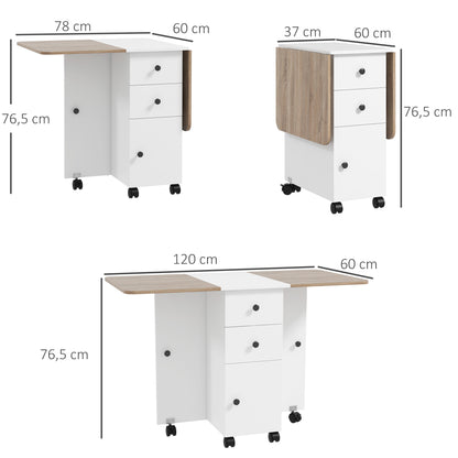 Folding Kitchen Table Folding Dining Table with 2 Folding Trays, 2 Drawers, 1 Cabinet, and 1 Storage Shelf 120 x 60 x 76.5 cm - White and Oak