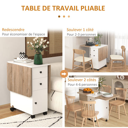 Folding Kitchen Table Folding Dining Table with 2 Folding Trays, 2 Drawers, 1 Cabinet, and 1 Storage Shelf 120 x 60 x 76.5 cm - White and Oak