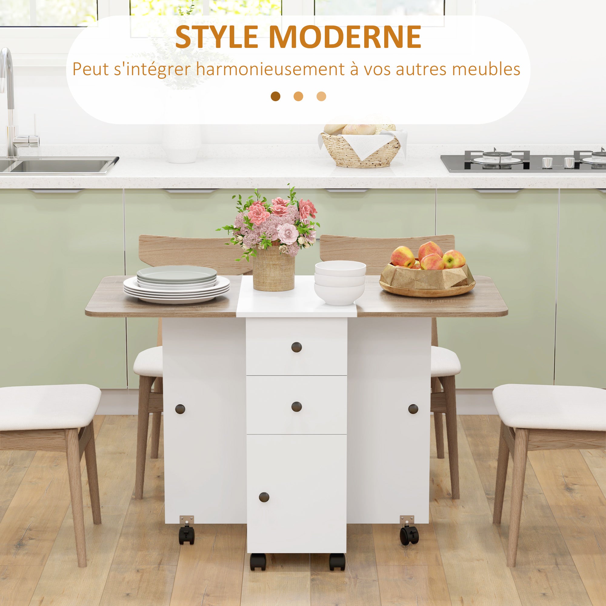 Folding Kitchen Table Folding Dining Table with 2 Folding Trays, 2 Drawers, 1 Cabinet, and 1 Storage Shelf 120 x 60 x 76.5 cm - White and Oak