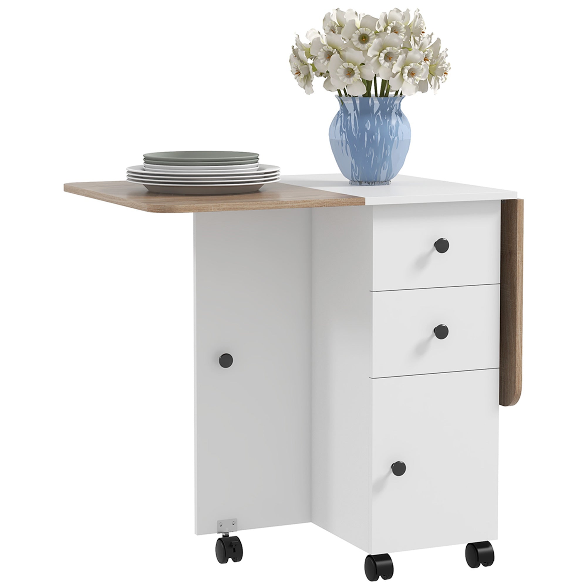 Folding Kitchen Table Folding Dining Table with 2 Folding Trays, 2 Drawers, 1 Cabinet, and 1 Storage Shelf 120 x 60 x 76.5 cm - White and Oak