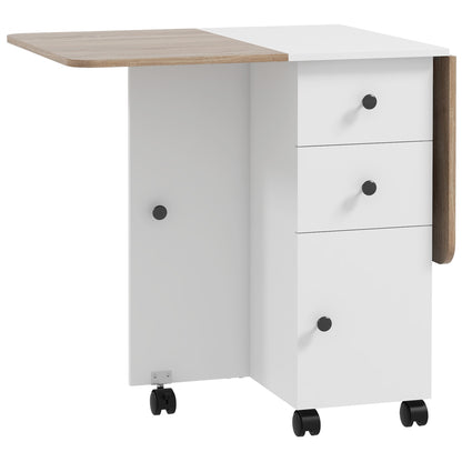 Folding Kitchen Table Folding Dining Table with 2 Folding Trays, 2 Drawers, 1 Cabinet, and 1 Storage Shelf 120 x 60 x 76.5 cm - White and Oak