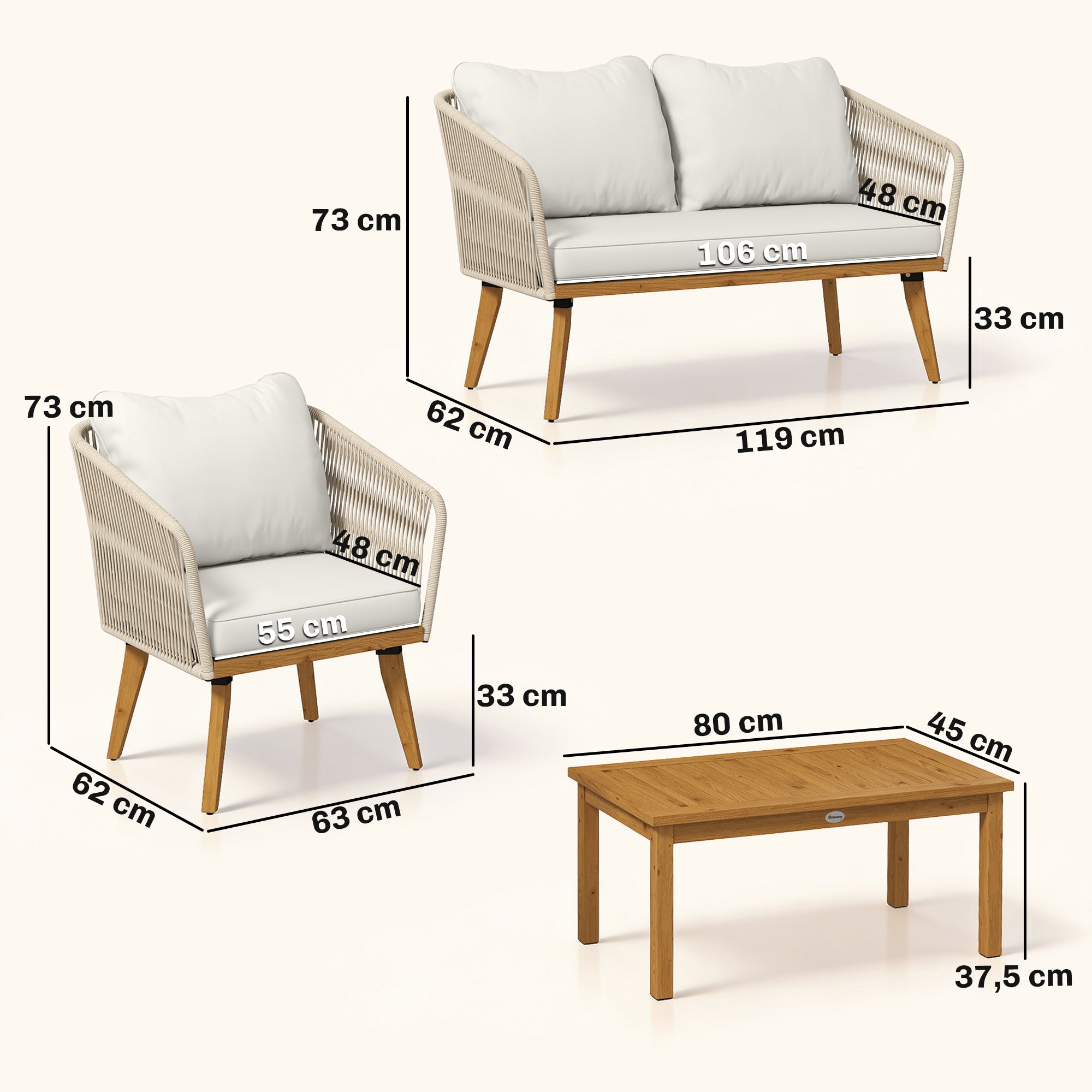 4-Piece Rattan Patio Lounge Set — 2-Seater Sofa, 2 Armchairs & Acacia Slatted Coffee Table with Thick Washable Cushions, Cream White