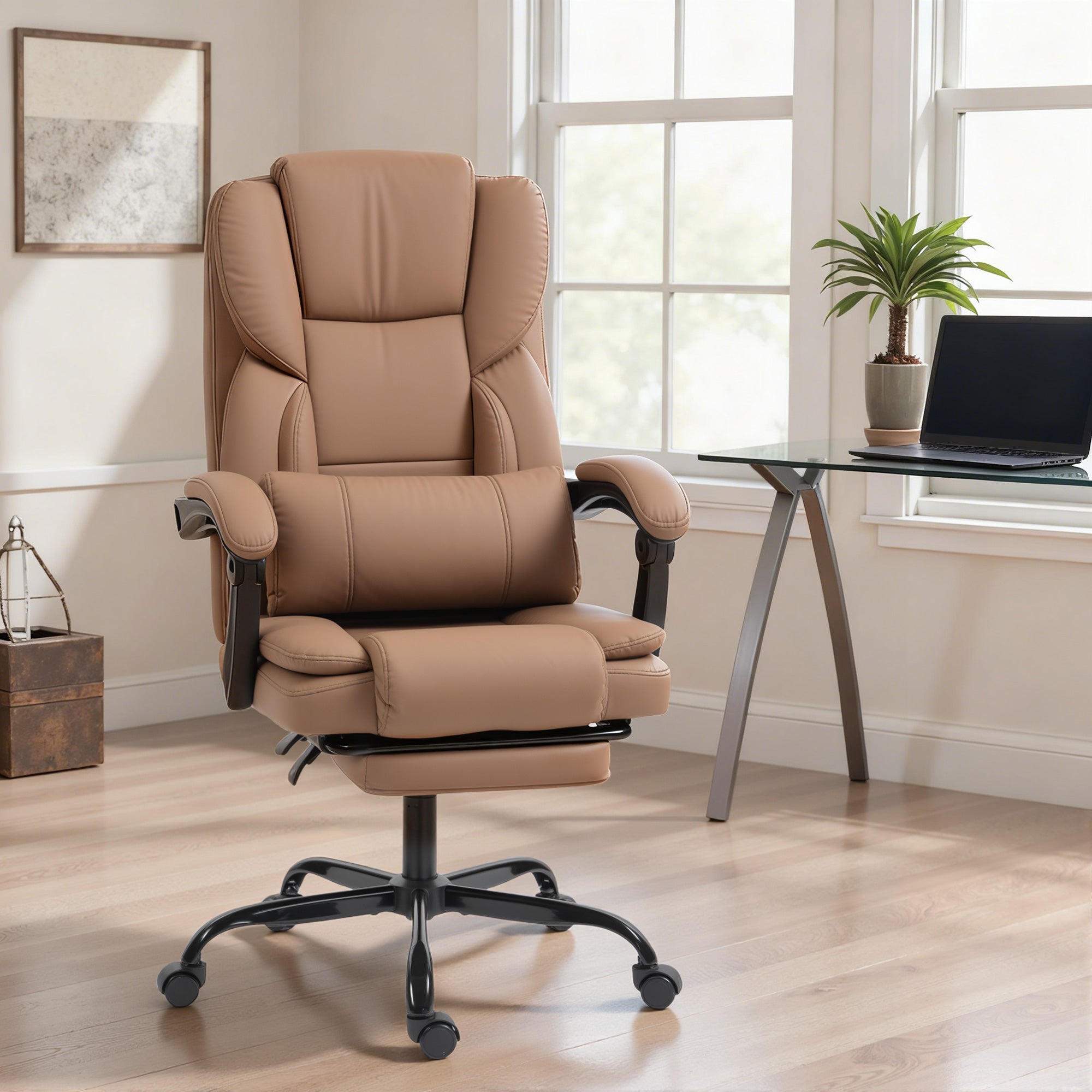 Ergonomic Office Chair with Footrest — Adjustable Height, Lumbar Support, 360° Swivel, Pet-Friendly PU Leather, Brown