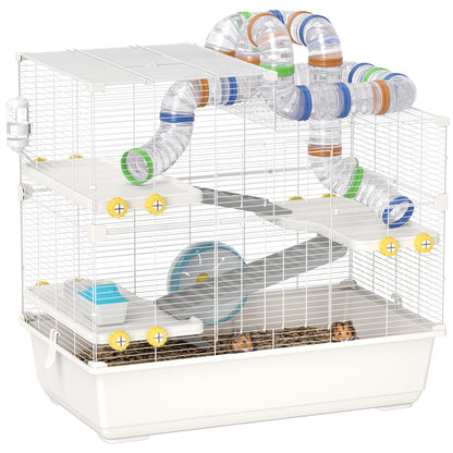 Hamster Cage 4 Levels with Tubes, Wheel, 3 Doors, and Tray, Metal, PP and PS, White