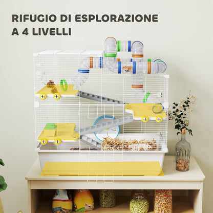 Hamster Cage 4 Levels with Tubes, Wheel, 3 Doors, and Tray, Metal, PP and PS, White