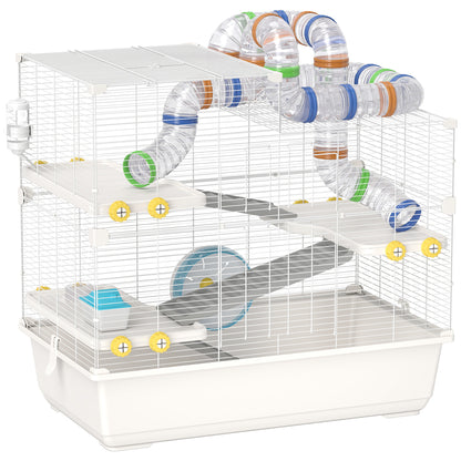 Hamster Cage 4 Levels with Tubes, Wheel, 3 Doors, and Tray, Metal, PP and PS, White