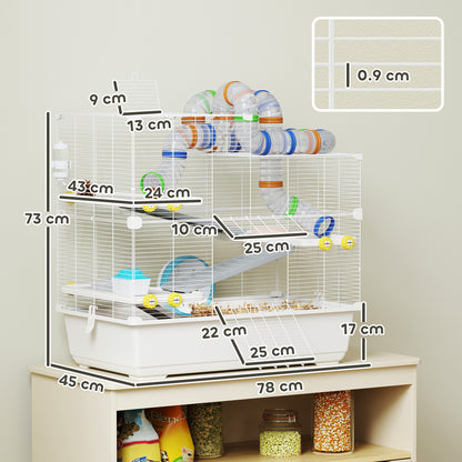 Hamster Cage 4 Levels with Tubes, Wheel, 3 Doors, and Tray, Metal, PP and PS, White