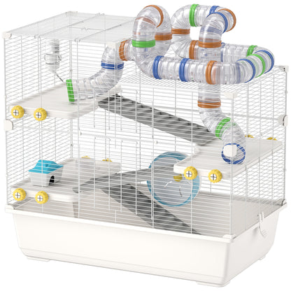 Hamster Cage 4 Levels with Tubes, Wheel, 3 Doors, and Tray, Metal, PP and PS, White