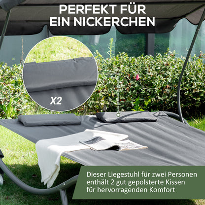 Sun Lounger with Roof Patio Lounge Chair with Pillows Water-Resistant and UV-Resistant Camping Cot up to 220kg for Garden, Balcony, Gray