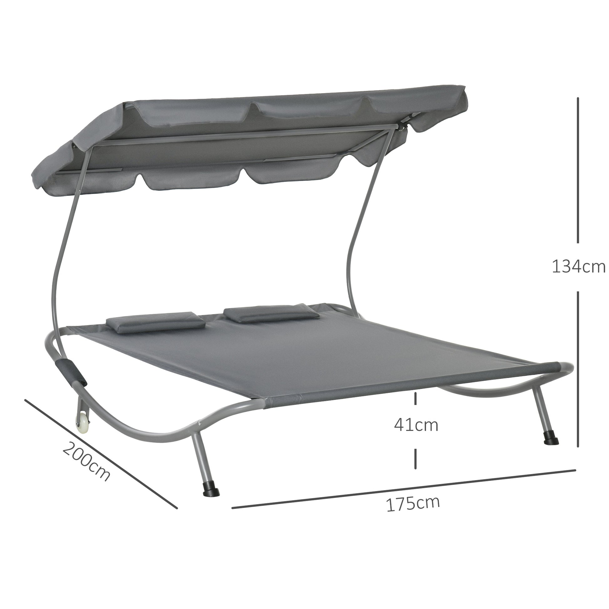 Sun Lounger with Roof Patio Lounge Chair with Pillows Water-Resistant and UV-Resistant Camping Cot up to 220kg for Garden, Balcony, Gray