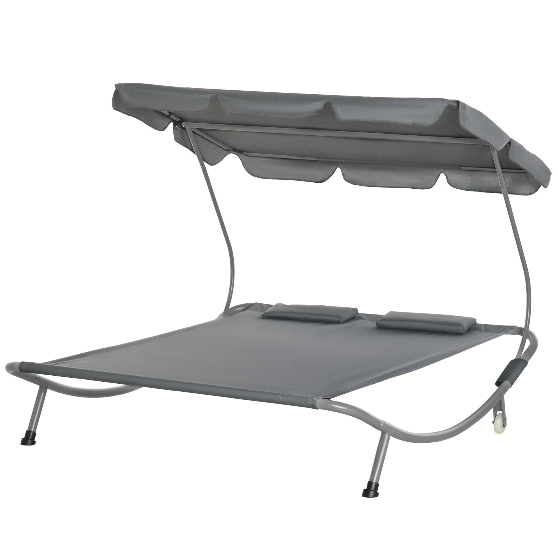 Sun Lounger with Roof Patio Lounge Chair with Pillows Water-Resistant and UV-Resistant Camping Cot up to 220kg for Garden, Balcony, Gray