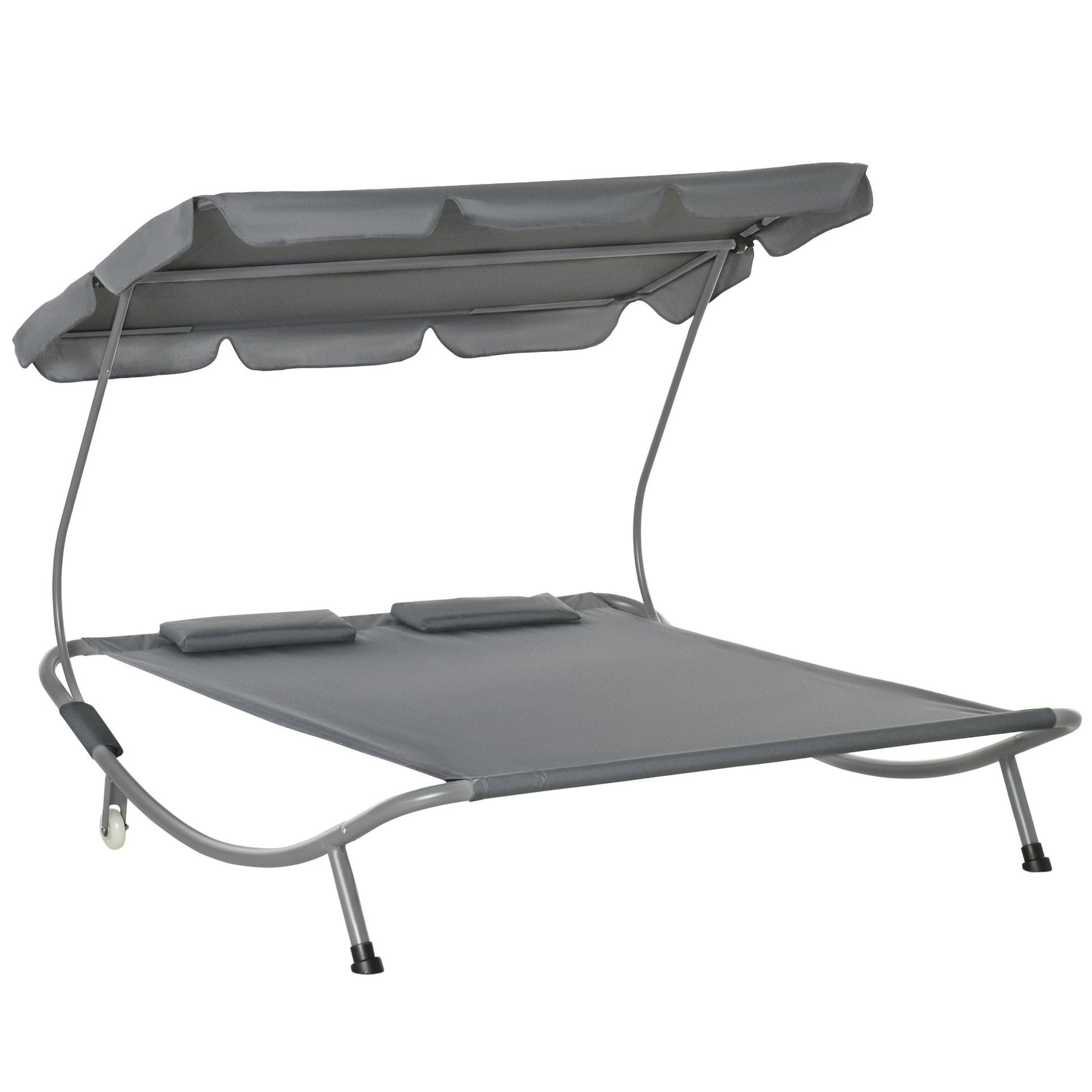 Sun Lounger with Roof Patio Lounge Chair with Pillows Water-Resistant and UV-Resistant Camping Cot up to 220kg for Garden, Balcony, Gray