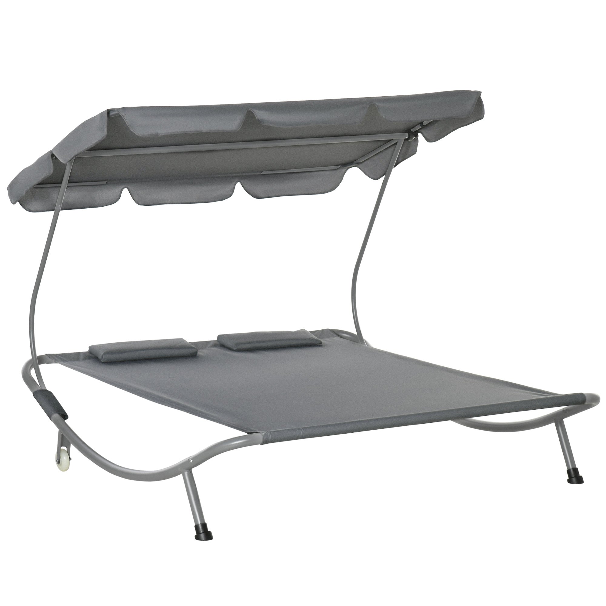 Sun Lounger with Roof Patio Lounge Chair with Pillows Water-Resistant and UV-Resistant Camping Cot up to 220kg for Garden, Balcony, Gray