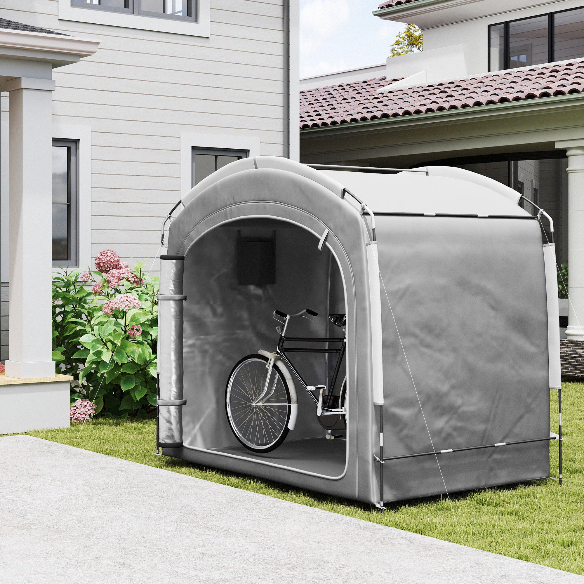Bike Tent for Outdoor Storage, Portable Bike Shelter for 3-4 Bikes, Garden Shed with 2 Side Pockets, 205 x 140 x 188 cm, Dark Gray