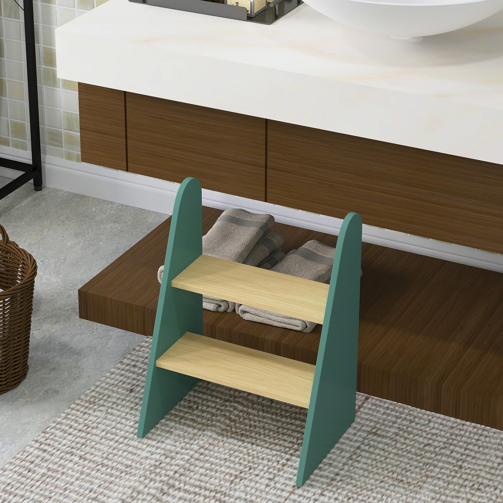 Kids Step Stool 2 Steps Wood Stool for Kids 3-8 Years Old Max Load 20 kg Perfect for Kitchen Bathroom Learning, Green