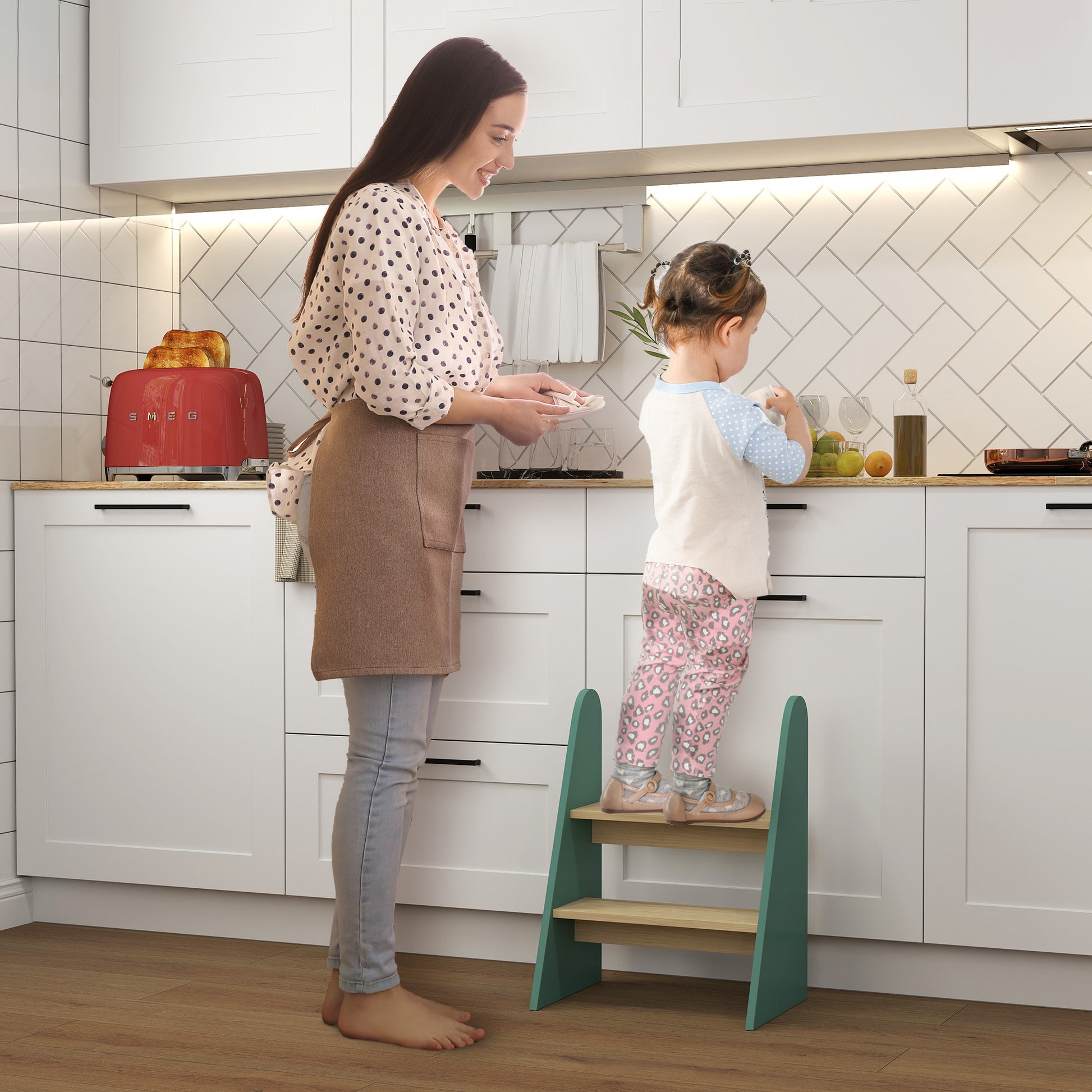 Kids Step Stool 2 Steps Wood Stool for Kids 3-8 Years Old Max Load 20 kg Perfect for Kitchen Bathroom Learning, Green