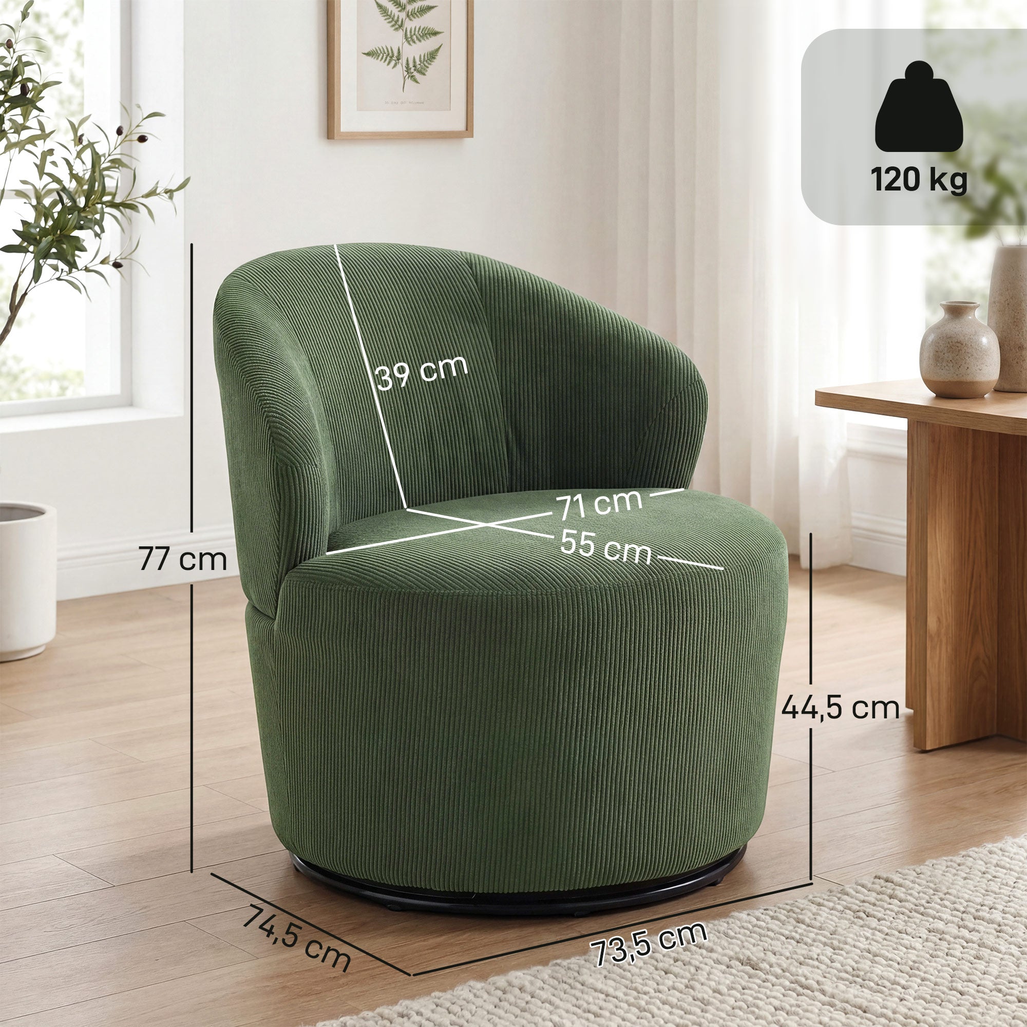 Swivel Lounge Chair with Wide Seat — Modern Upholstered Armchair with Curved Back and Thick Padding, Corduroy Look, Green