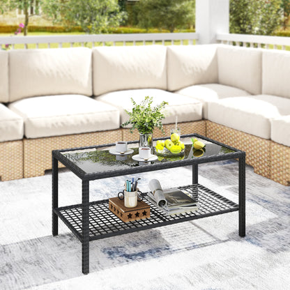 Rattan Garden Side Table with Shelf, Tempered Glass Top & Steel Frame — 92 x 50 x 45 cm (36.2 x 19.7 x 17.7 in), Black