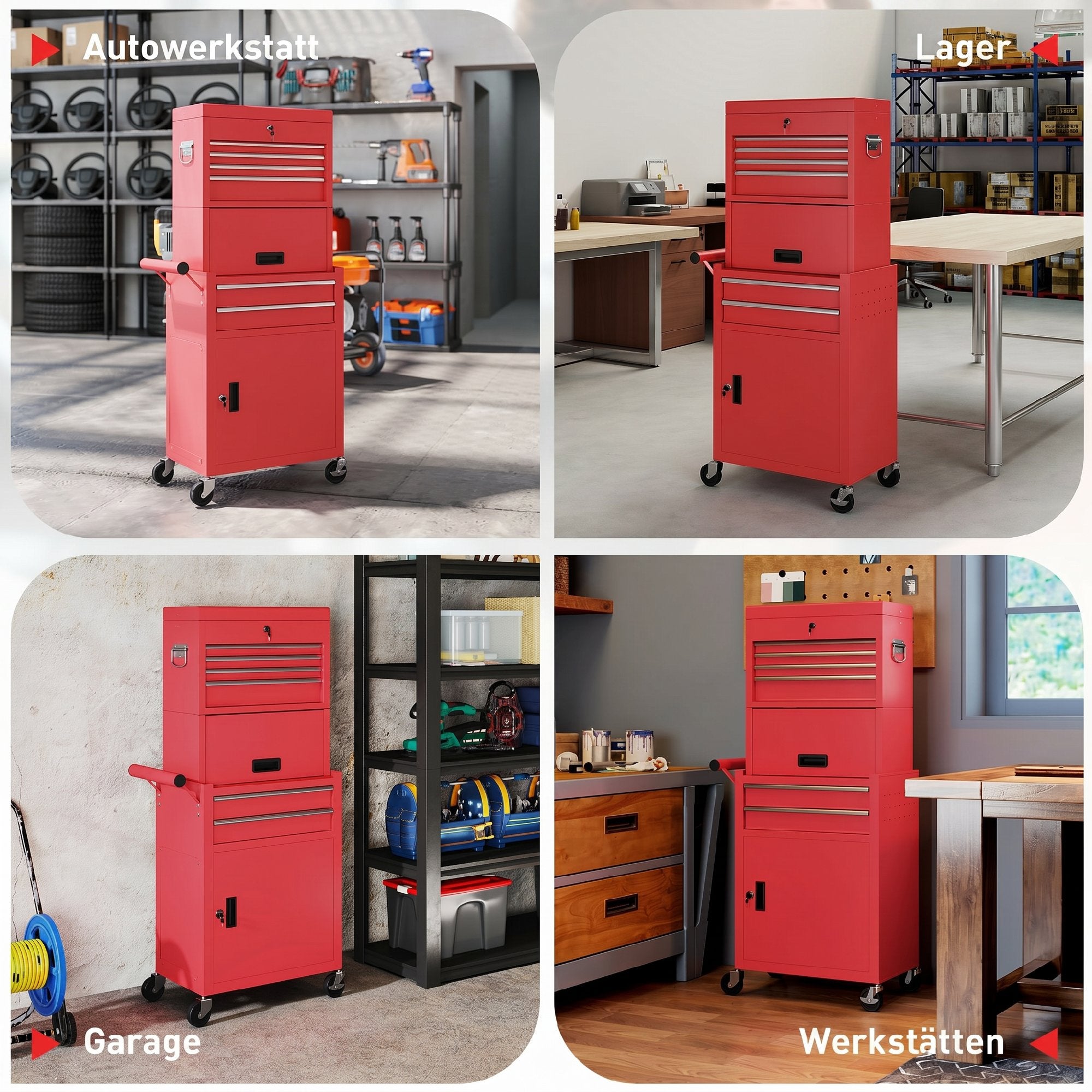 Workshop Trolley with Toolbox, 6 Drawers & Pegboard, Lockable, Empty Tool Cart with Handle, Steel Cabinet on Wheels, Red