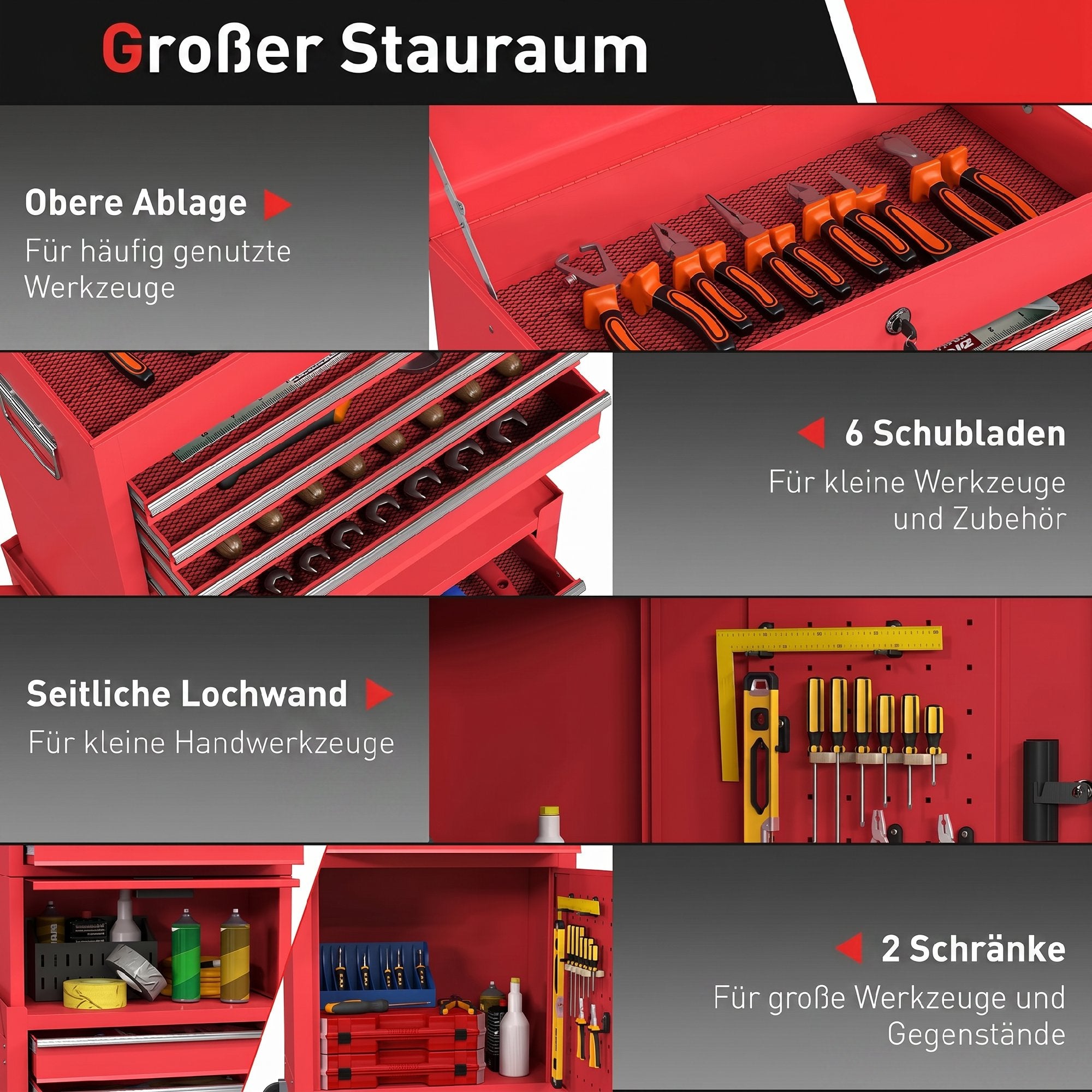 Workshop Trolley with Toolbox, 6 Drawers & Pegboard, Lockable, Empty Tool Cart with Handle, Steel Cabinet on Wheels, Red