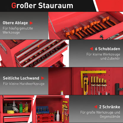 Workshop Trolley with Toolbox, 6 Drawers & Pegboard, Lockable, Empty Tool Cart with Handle, Steel Cabinet on Wheels, Red