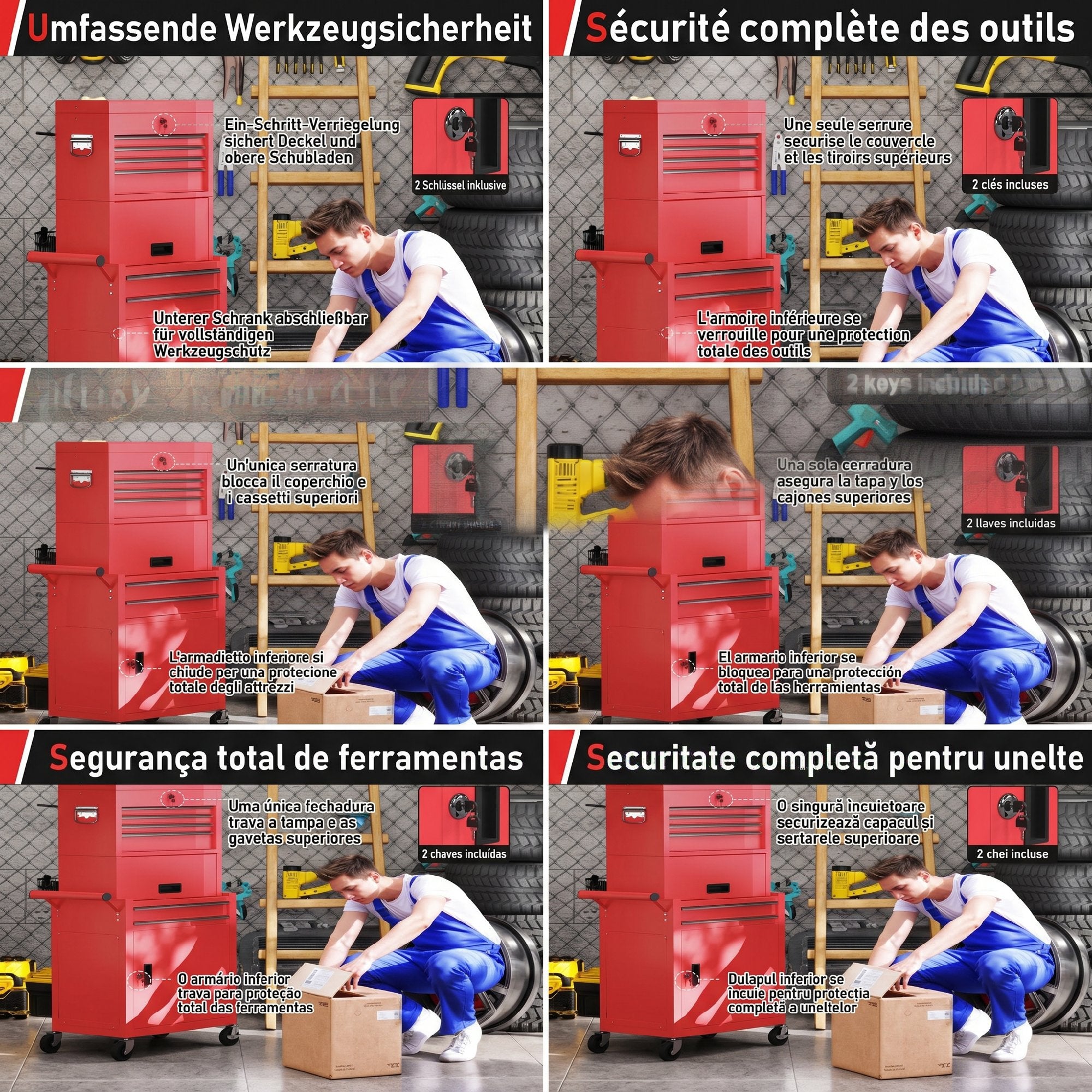 Workshop Trolley with Toolbox, 6 Drawers & Pegboard, Lockable, Empty Tool Cart with Handle, Steel Cabinet on Wheels, Red