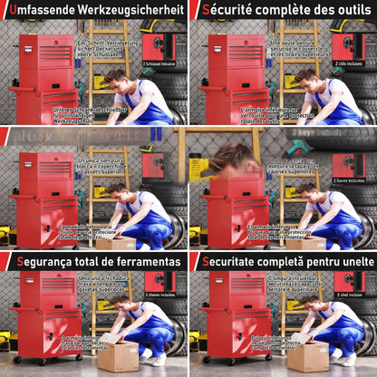 Workshop Trolley with Toolbox, 6 Drawers & Pegboard, Lockable, Empty Tool Cart with Handle, Steel Cabinet on Wheels, Red