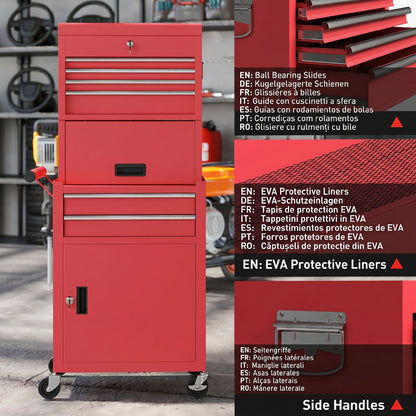 Workshop Trolley with Toolbox, 6 Drawers & Pegboard, Lockable, Empty Tool Cart with Handle, Steel Cabinet on Wheels, Red