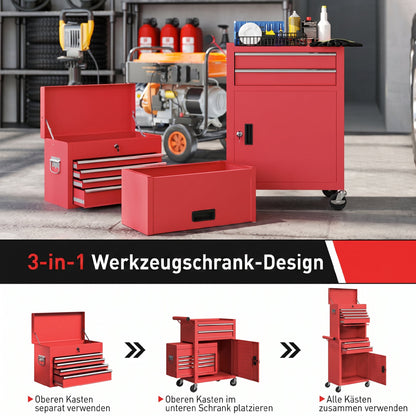Workshop Trolley with Toolbox, 6 Drawers & Pegboard, Lockable, Empty Tool Cart with Handle, Steel Cabinet on Wheels, Red