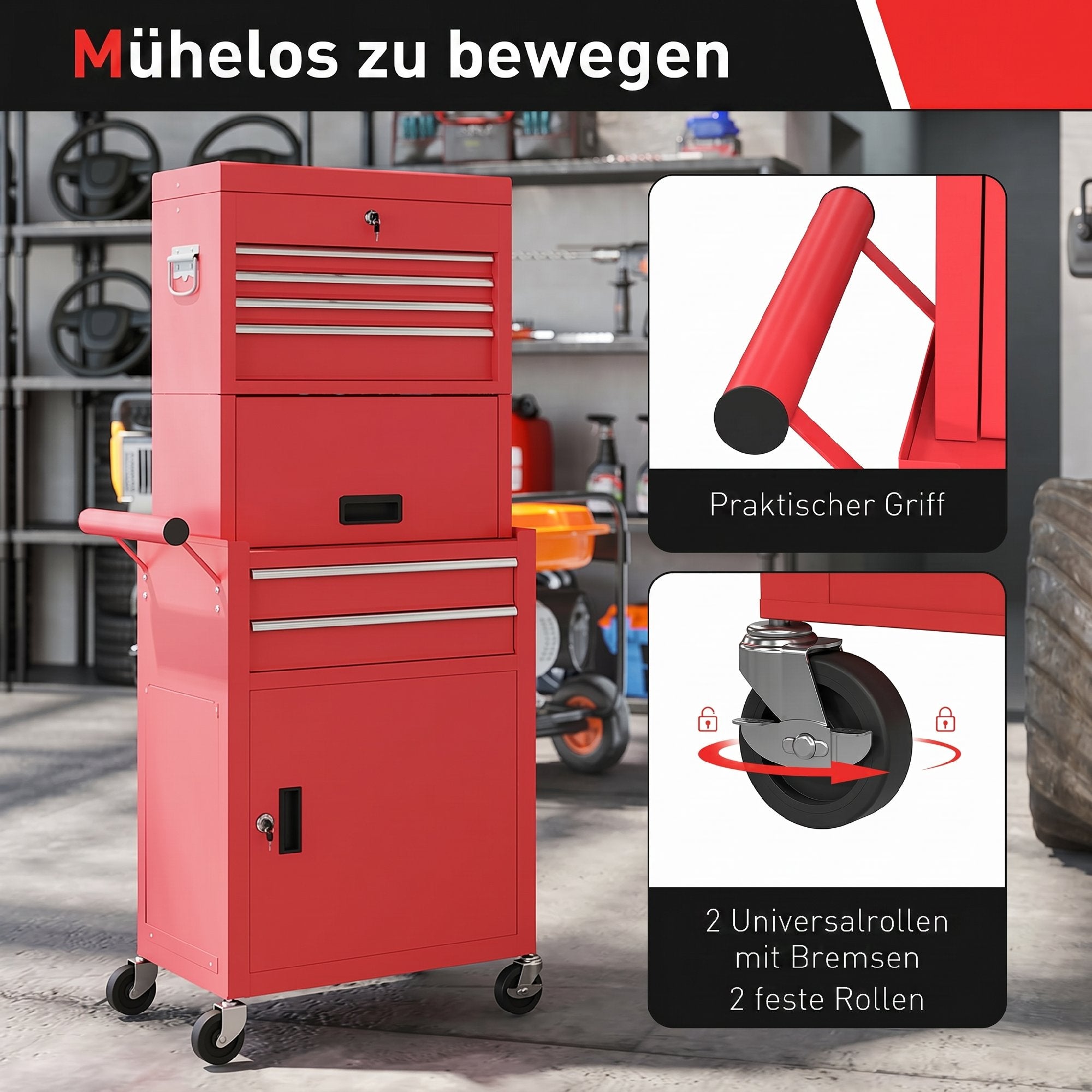 Workshop Trolley with Toolbox, 6 Drawers & Pegboard, Lockable, Empty Tool Cart with Handle, Steel Cabinet on Wheels, Red