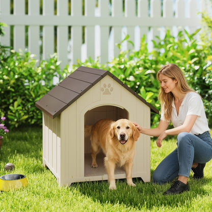 Raised Outdoor Dog House for Medium & Large Dogs — Sloped Roof, Ventilation & Ground Pegs, PP, 34.6 x 30.7 x 35.0 in (Beige/Dark Brown)