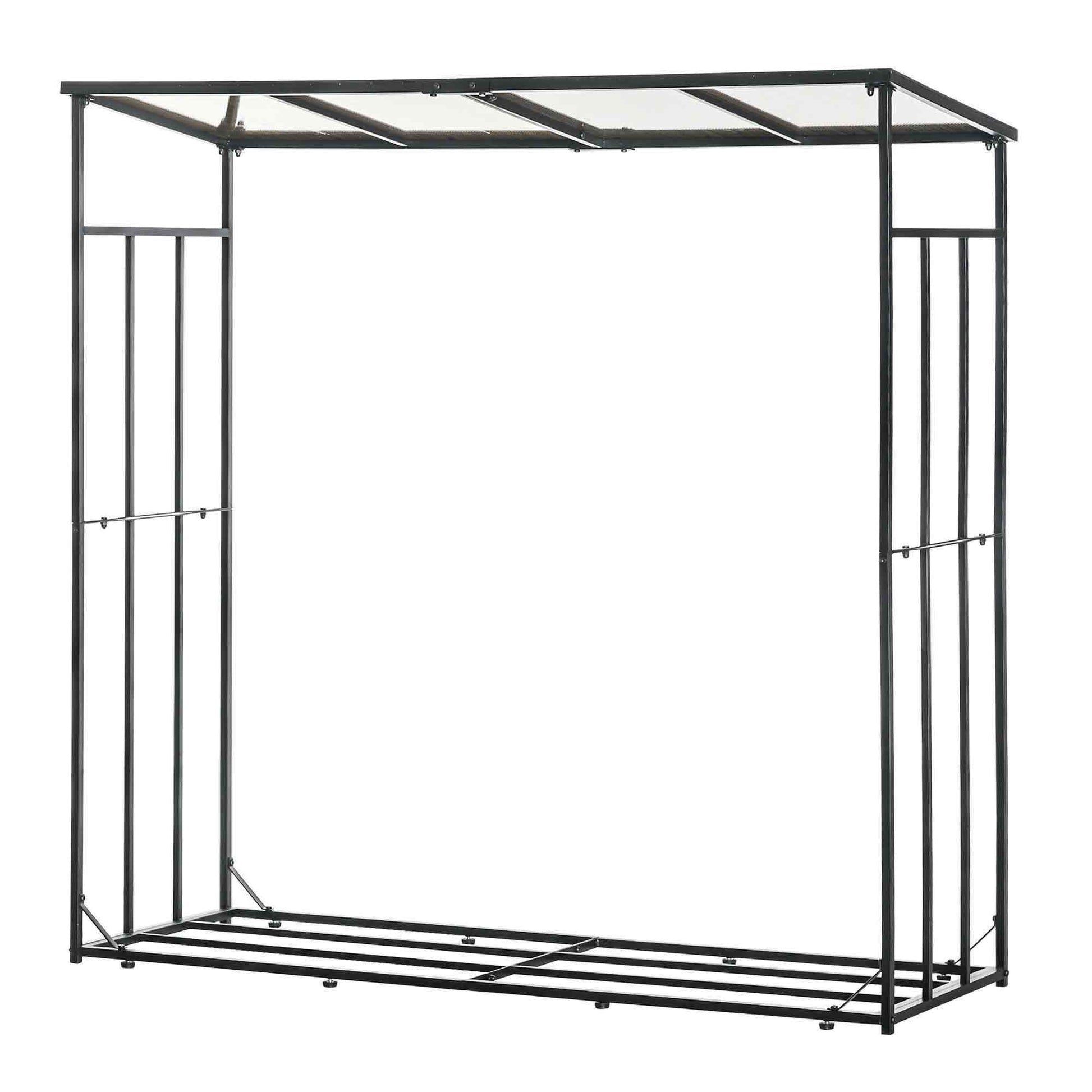 Outdoor Wood Storage Shed with Metal Frame and Polycarbonate Roof, Firewood Rack with 2100kg Load Capacity, 185x67x185 cm, Black