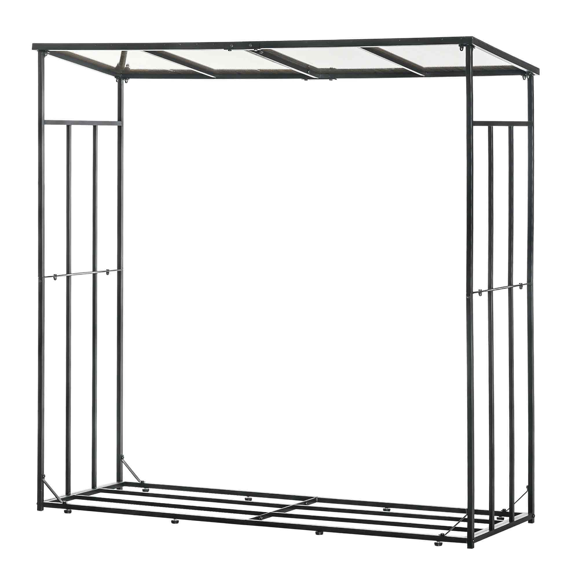 Outdoor Wood Storage Shed with Metal Frame and Polycarbonate Roof, Firewood Rack with 2100kg Load Capacity, 185x67x185 cm, Black